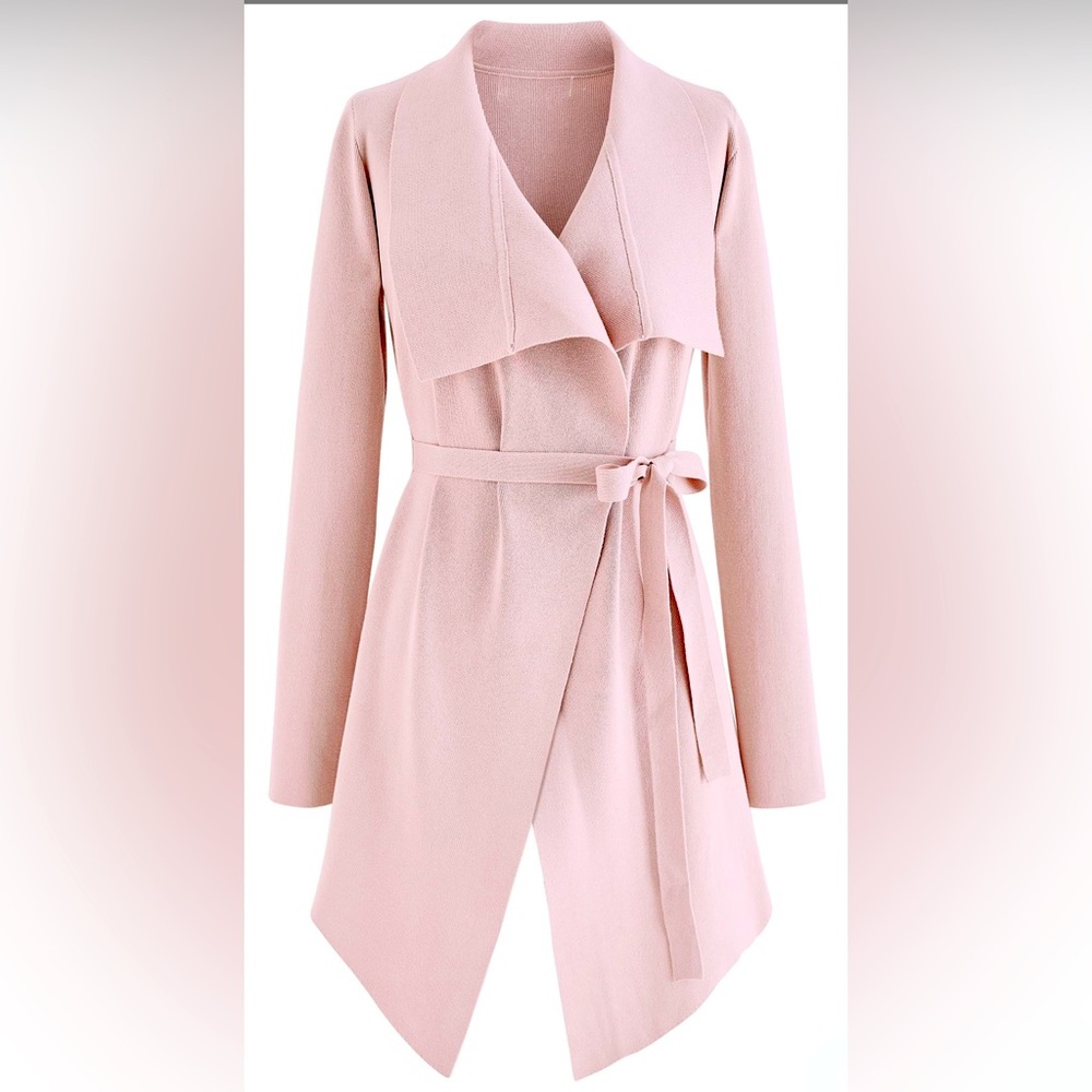 CHICWISH WIDE LAPEL TIE WAIST KNIT CARDIGAN IN PINK